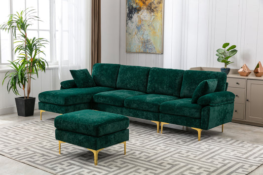 U-shape sectional sofa with Ottoman, Reversible Sofa Couch for Living Room,Spacious Furniture,Durable Couch Removable and machine washable cover (Emerald Velvet)