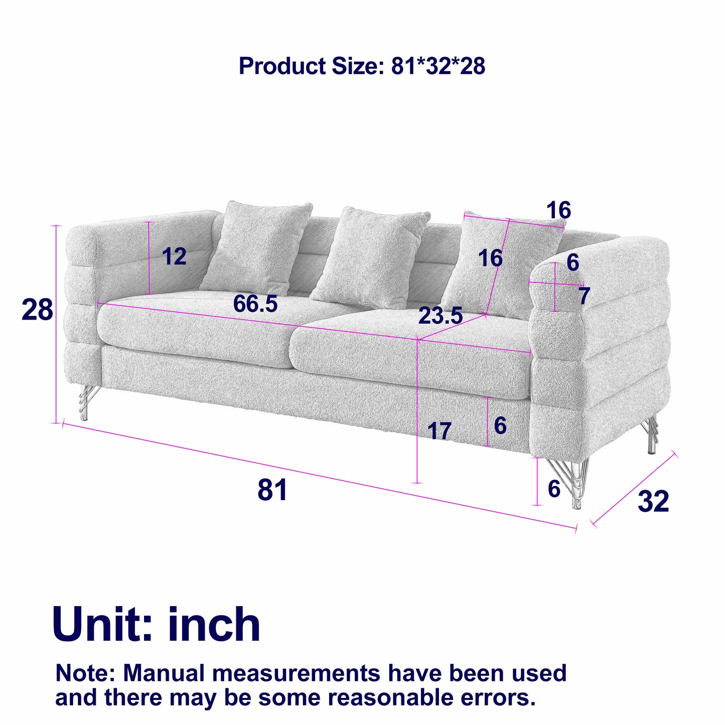 81 Inch Oversized 3 Seater Sectional Sofa, Living Room Comfort Fabric Sectional Sofa - Deep Seating Sectional Sofa, Soft Sitting with 3 Pillows for Living Room,Bedroom,White teddy(Ivory)