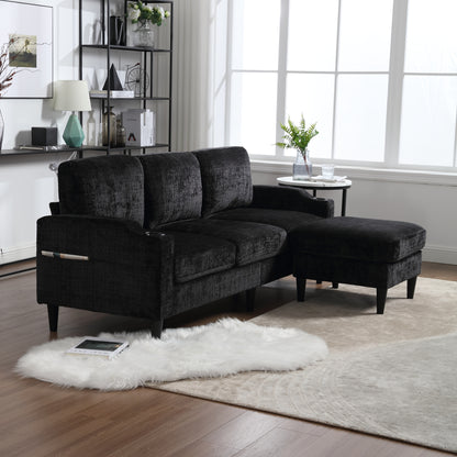 Sofa for three, solid wood frame, Chenille fabric, side pocket, with two cup holders, footstool with storagestorage sofa /Living room sofa cozy sectional sofa