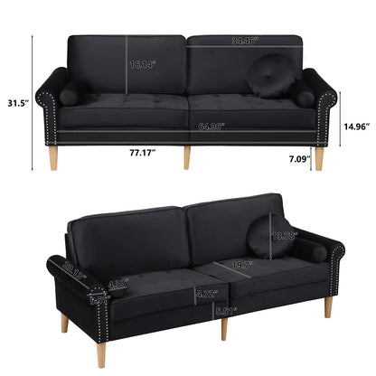 Living Room Sofa,3-Seater Sofa, with Copper Nail on Arms,Three Pillow,Black