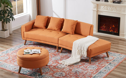 107" Contemporary Sofa Stylish Sofa Couch with a Round Storage Ottoman and Three Removable Pillows for Living Room, Orange