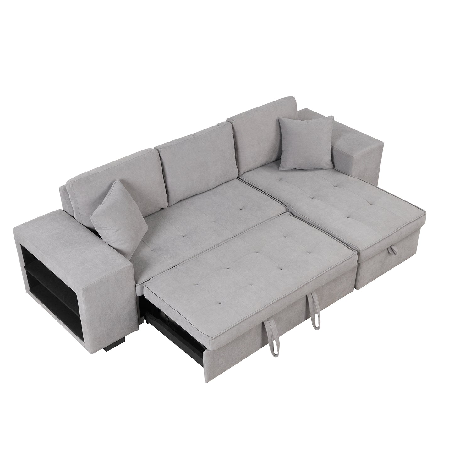 104.5" Pull Out Sleeper Sofa Reversible L-Shape 3 Seat Sectional Couch with Storage Chaise and 2 Stools for Living Room Furniture Set,Gray