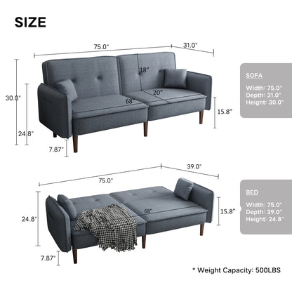 Futon Sofa bed with Solid Wood Leg in Grey Fabric