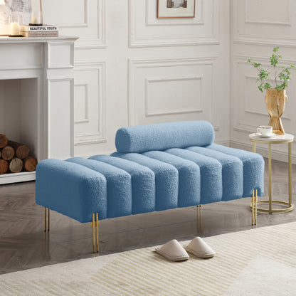 53.2" Width Modern End of Bed Bench Sherpa Fabric Upholstered 2 Seater Sofa Couch Entryway Ottoman Bench Fuzzy Sofa Stool Footrest Window Bench with Gold Metal Legs for Bedroom Living Room,Light Blue