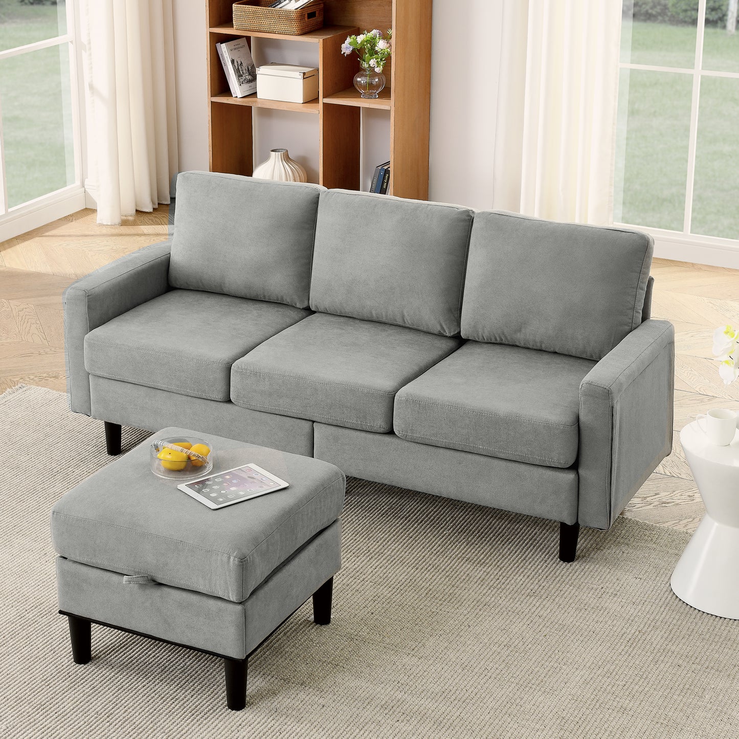 Upholstered Sectional Sofa Couch, L Shaped Couch With Storage Reversible Ottoman Bench 3 Seater for Living Room, Apartment, Compact Spaces, Fabric Light Gray