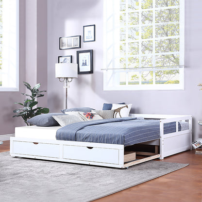 Wooden Daybed with Trundle Bed and Two Storage Drawers, Extendable Bed Daybed,Sofa Bed for Bedroom Living Room,White