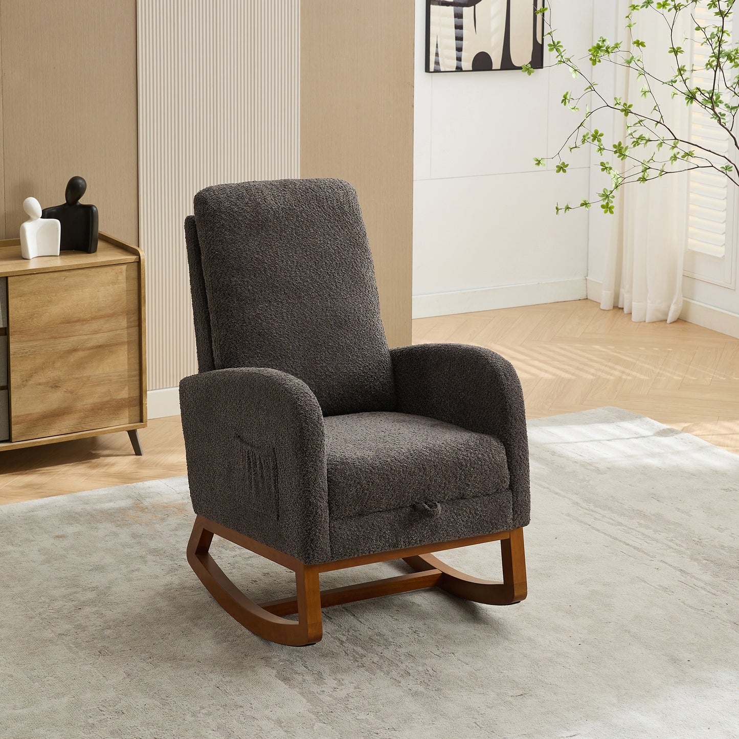 25.4"W Rocking Chair for Nursery, High Back Glider Chair with Retractable Footrest, Side Pocket, Rocking Accent Armchair with Rubber Wood Legs for Living Room/Bedroom.Charcoal