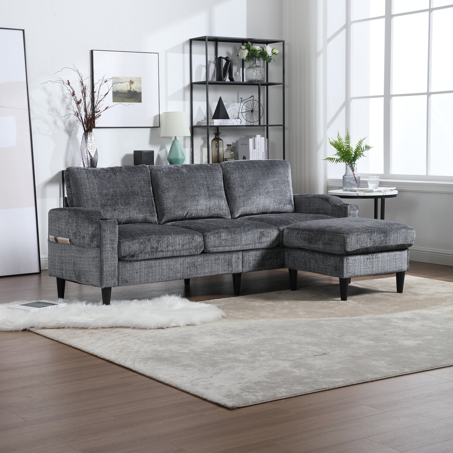 Sofa for three, solid wood frame, Chenille fabric, side pocket, with two cup holders, footstool with storagestorage sofa /Living room sofa cozy sectional sofa