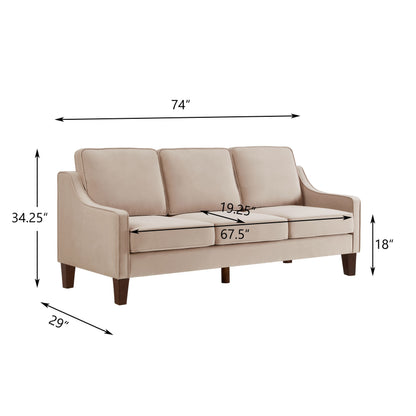 Modern 3 Person seat Sofa Couch with Scooped Armrest/Wood legs,Upholstered Velvet 3-seat Sofa with Removable Cushions for Livingroom Bedroom,Taupe