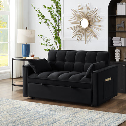 4 in1 Loveseat Sofa Bed with Armrests & Storage Pockets, Multi-Function Tufted Pull-out Sofa Bed with Adjustable Backrest and Pillows, Convertible Loveseat Sofa Couch,Black