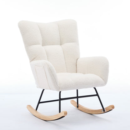 Modern Nursery Rocking Chair Upholstered Glider Chair with High Backrest Rocker Accent Armchair with Solid Wood Legs for Nursery Bedroom Living Room Teddy (white)