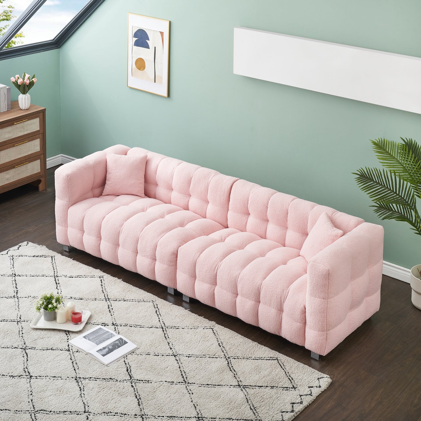 102-inch pink teddy fleece sofa with two throw pillows in living room Bedroom apartment sofa supported by hardware feet