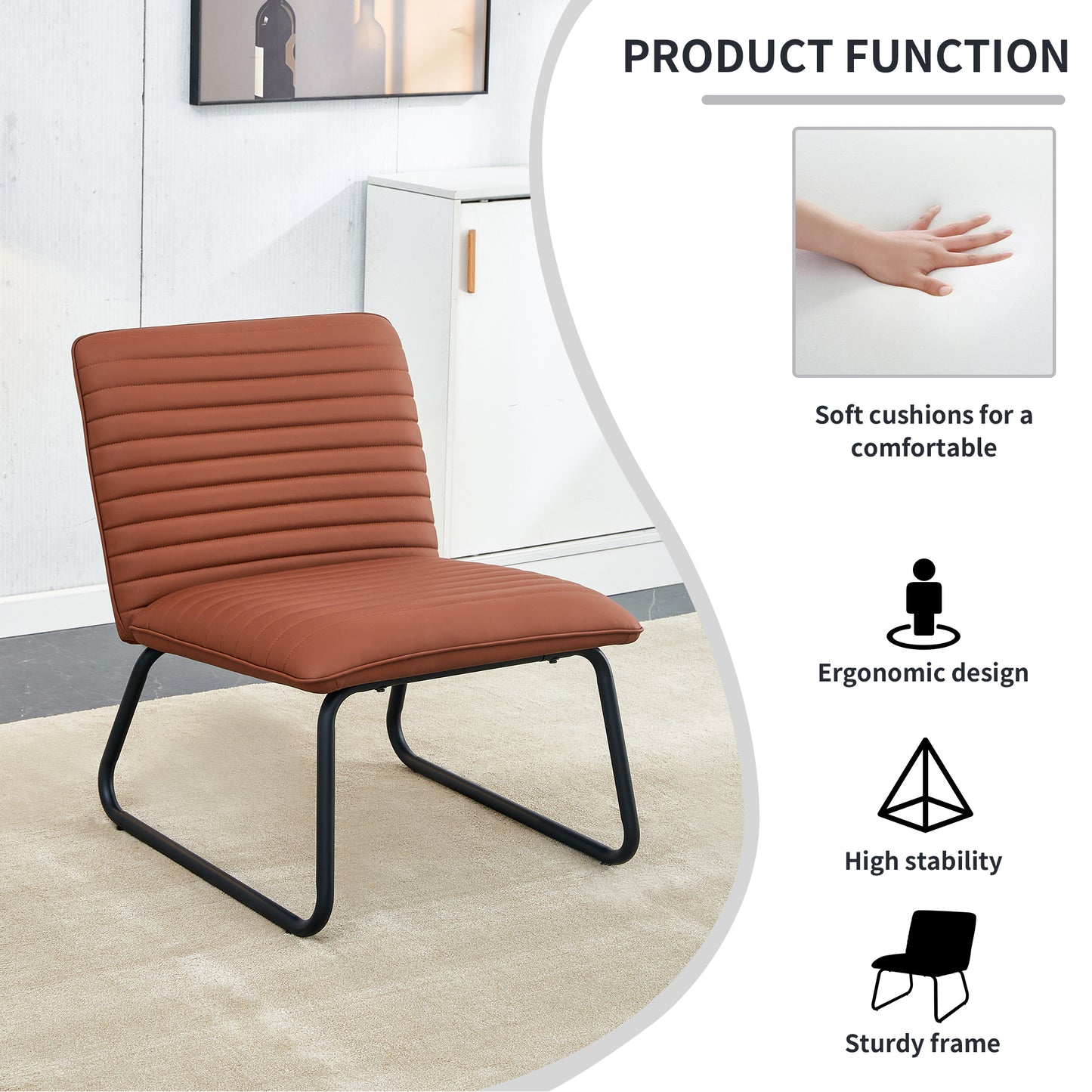 Brown minimalist armless sofa chair with PU backrest and black metal legs, suitable for offices, restaurants, kitchens, and bedrooms