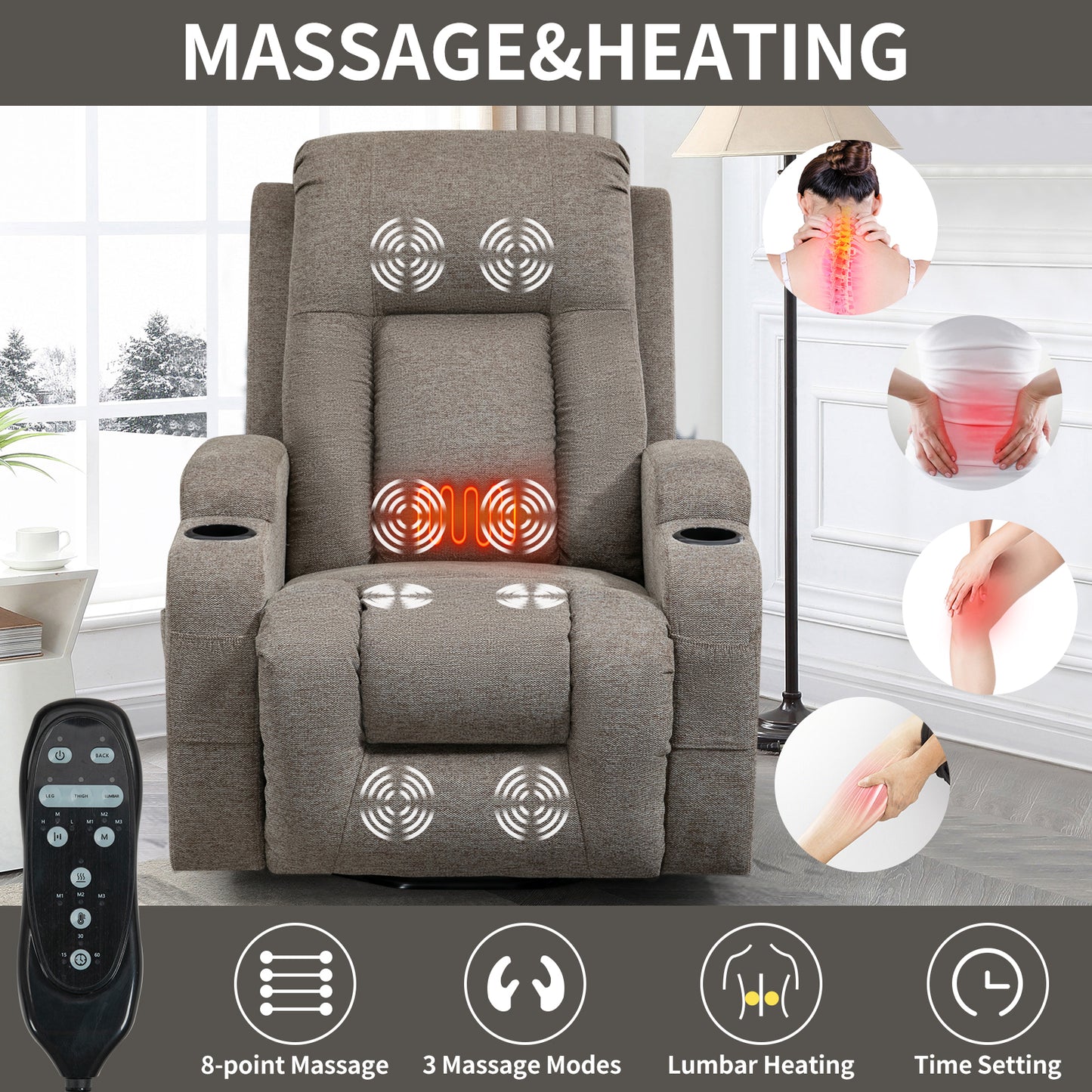 Up to 350 LBS Power Lift Recliner Chair for Elderly, Heavy Duty Motion Mechanism with 8-Point Vibration Massage and Lumbar Heating, USB Charging Port, Cup Holders, Brown