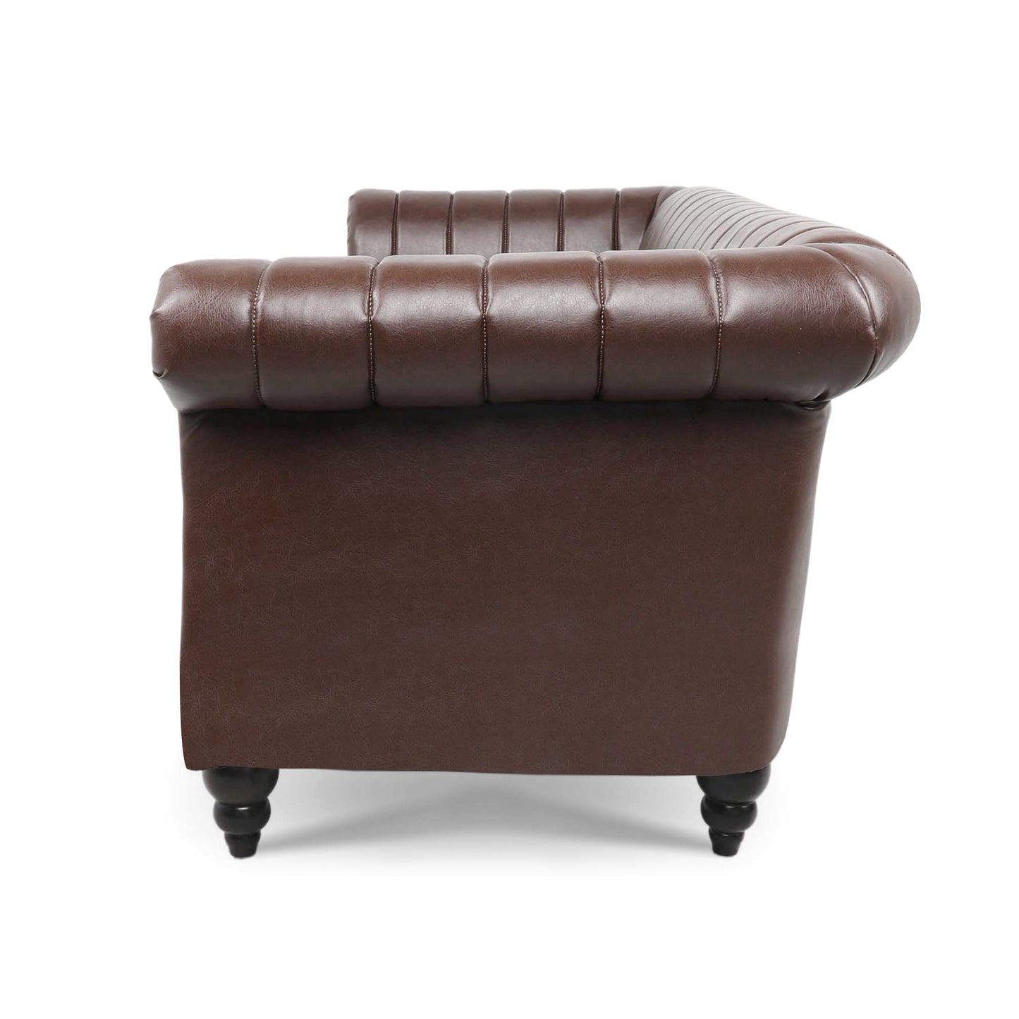 83.46'' Brown PU Rolled Arm Chesterfield Three Seater Sofa.