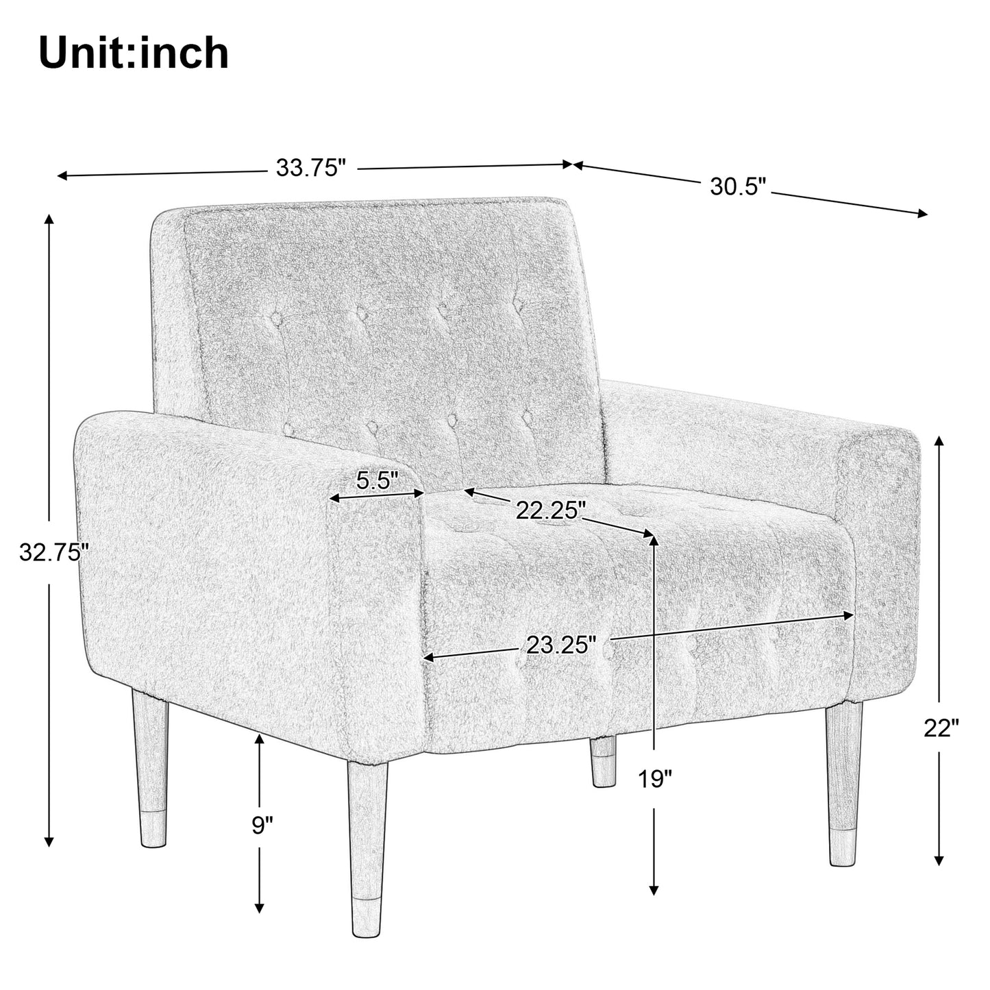 Classic Biscuit-Style Accent Chair - Comfortable Armrests, Soft Fabric, Elegant Solid Wood Legs with Gold Finish, Easy Assembly