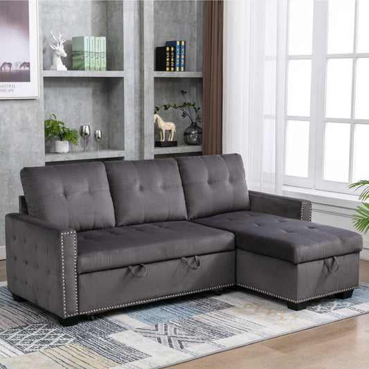 77 Inch Reversible Sectional Storage Sleeper Sofa Bed, L-Shape 2 Seat Sectional Chaise With Storage, Skin-Feeling Velvet Fabric,Dark Grey Color For Living Room Furniture