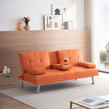 67" Orange Leather Multifunctional Double Folding Sofa Bed for Office with Coffee Table