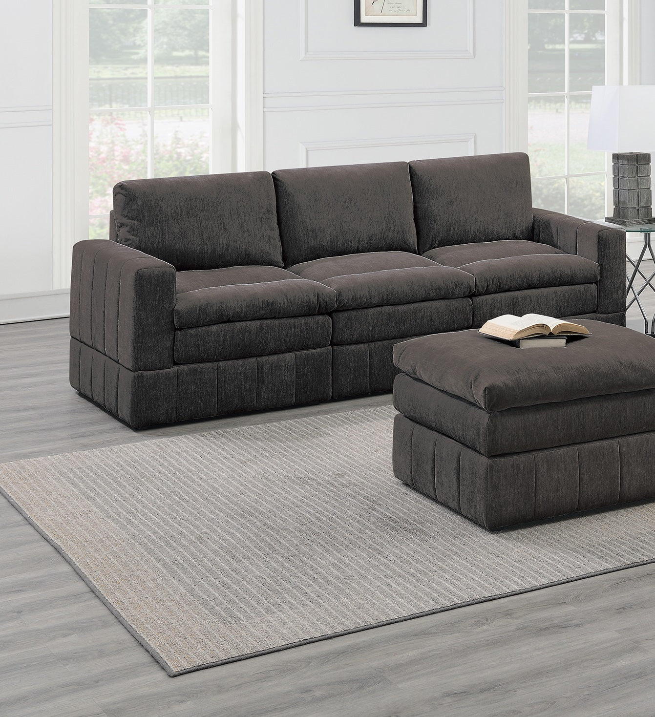 Contemporary 6pc Set Modular Sectional Set 4x One Arm Chair / Wedge 1x Armless Chairs 1x Ottoman Mink Morgan Fabric Plush Living Room Furniture