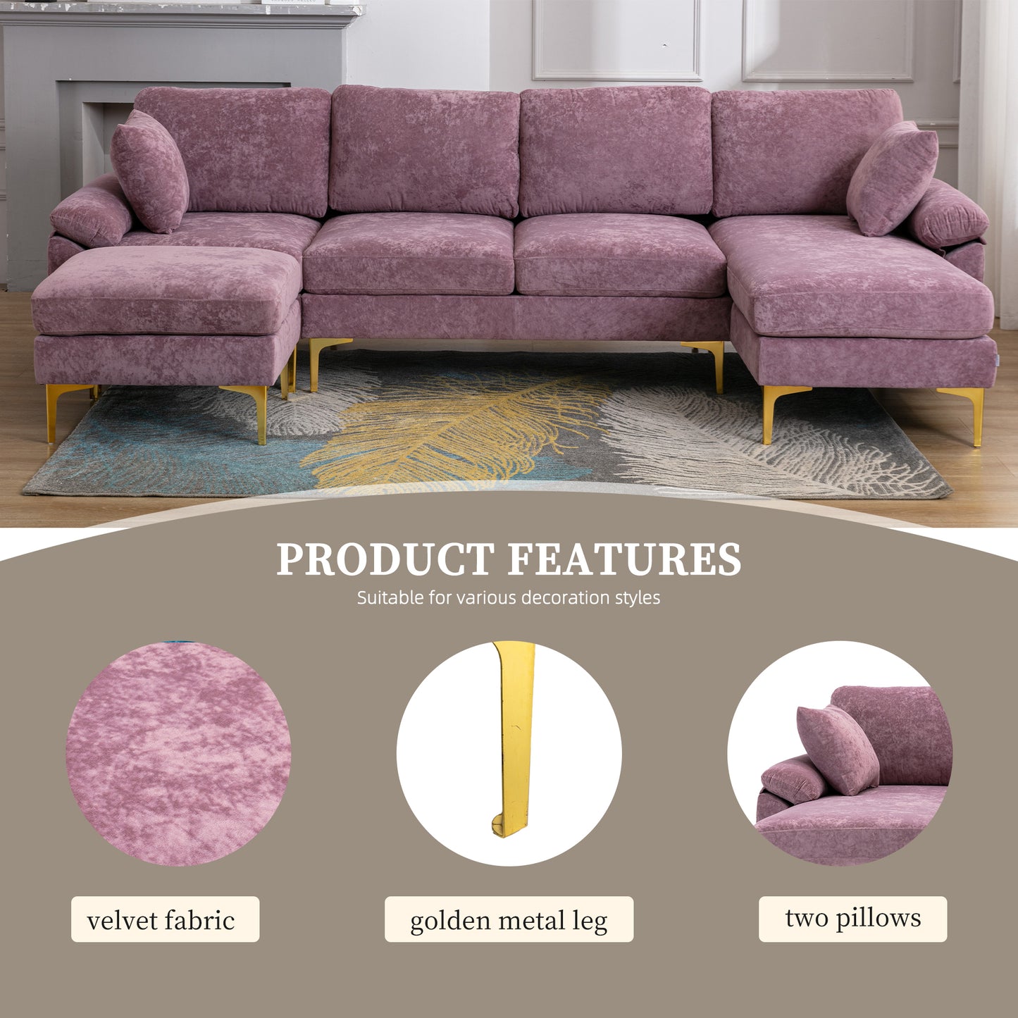 U-shape sectional sofa with Ottoman, Reversible Sofa Couch for Living Room,Spacious Furniture,Durable Couch Removable and machine washable cover (Purple Velvet)