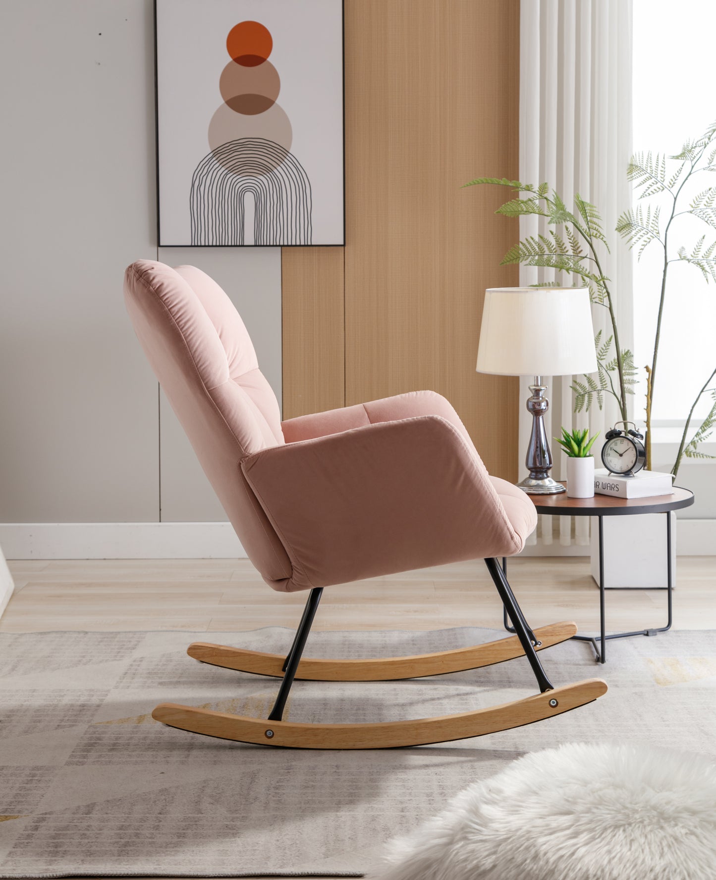 Mid Century Modern Velvet Tufted Upholstered Rocking Chair Padded Seat for Living Room Bedroom, Pink