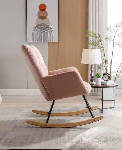 Mid Century Modern Velvet Tufted Upholstered Rocking Chair Padded Seat for Living Room Bedroom, Pink