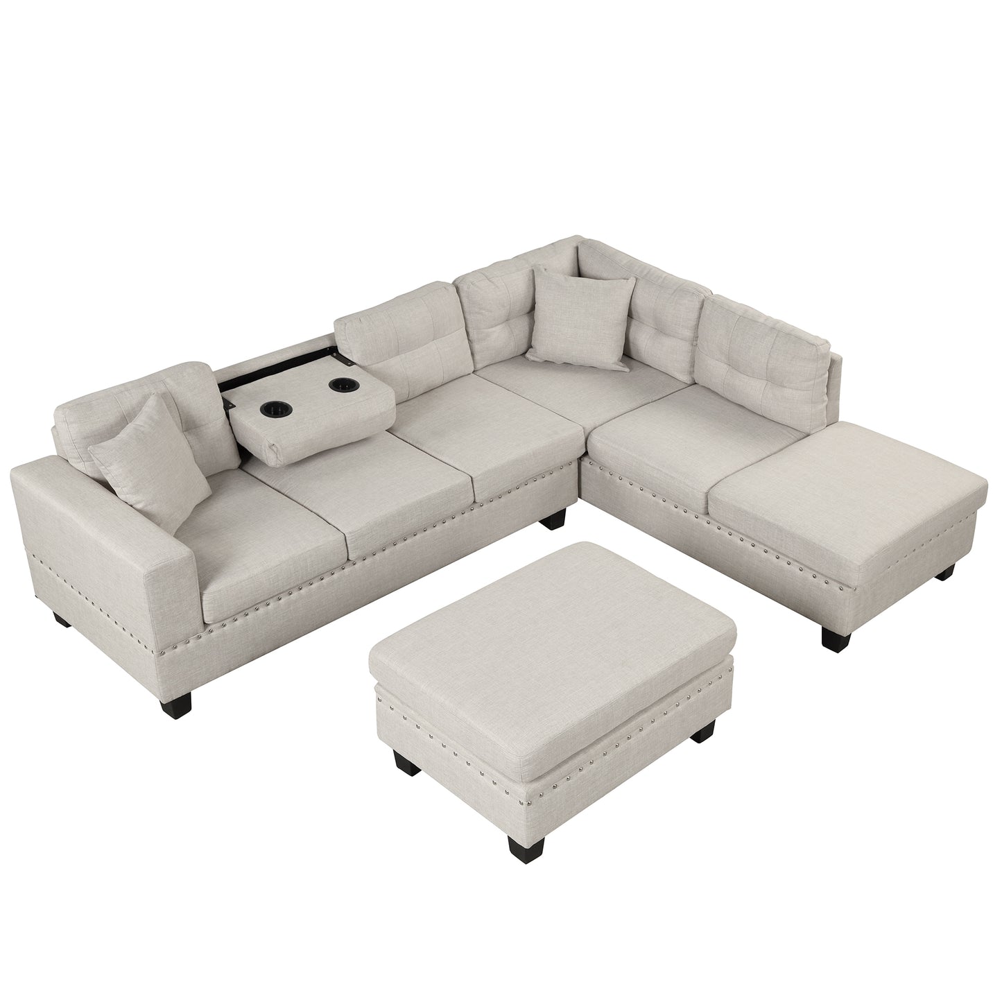 105" Modern Sectional Sofa with Storage Ottoman, L-Shape Couch with 2 Pillows and Cup Holder,Sectional Sofa with Reversible Chaise for Living Room,Light Gray