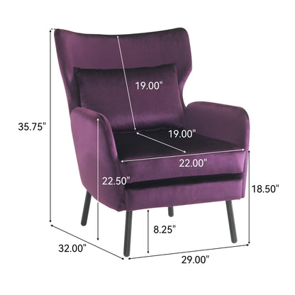 Velvet Accent Chair, Modern Living Room Armchair Comfy Upholstered Single Sofa Chair for Bedroom Dorms Reading Reception Room with Metal Legs & Pillow, Purple