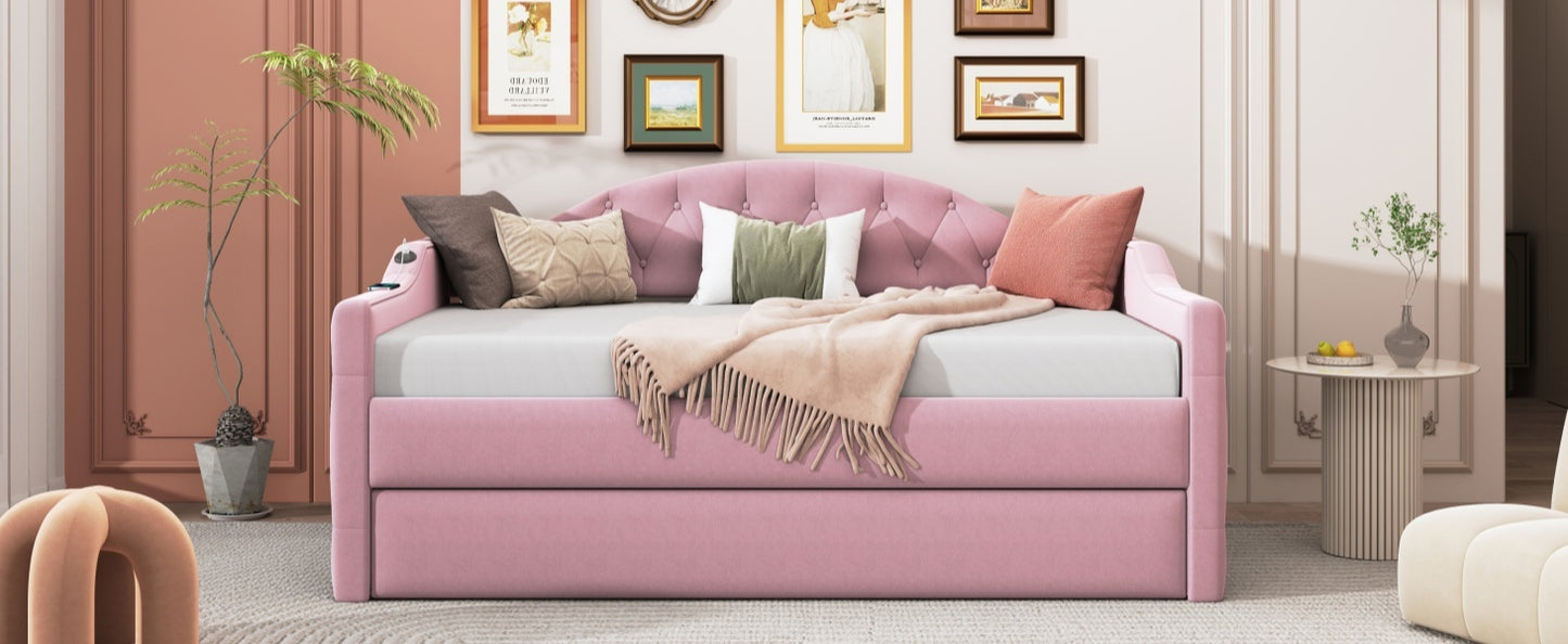 Size Tufted Upholstered Daybed with Trundle,Velvet Sofabed with USB&Type-C Charging Ports,No Box-spring Needed, Pink