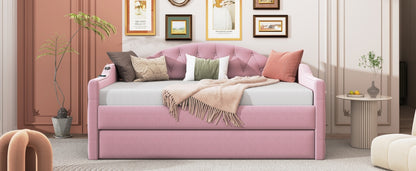 Size Tufted Upholstered Daybed with Trundle,Velvet Sofabed with USB&Type-C Charging Ports,No Box-spring Needed, Pink