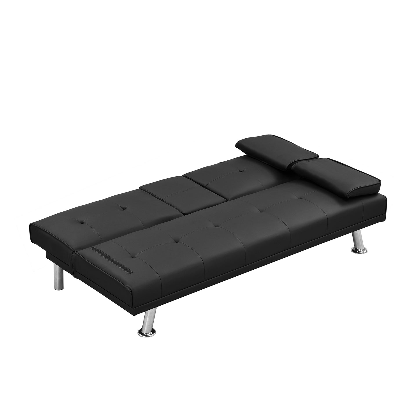 Sofa bed with Armrest two holders WOOD FRAME, STAINLESS LEG, FUTON BLACK PVC