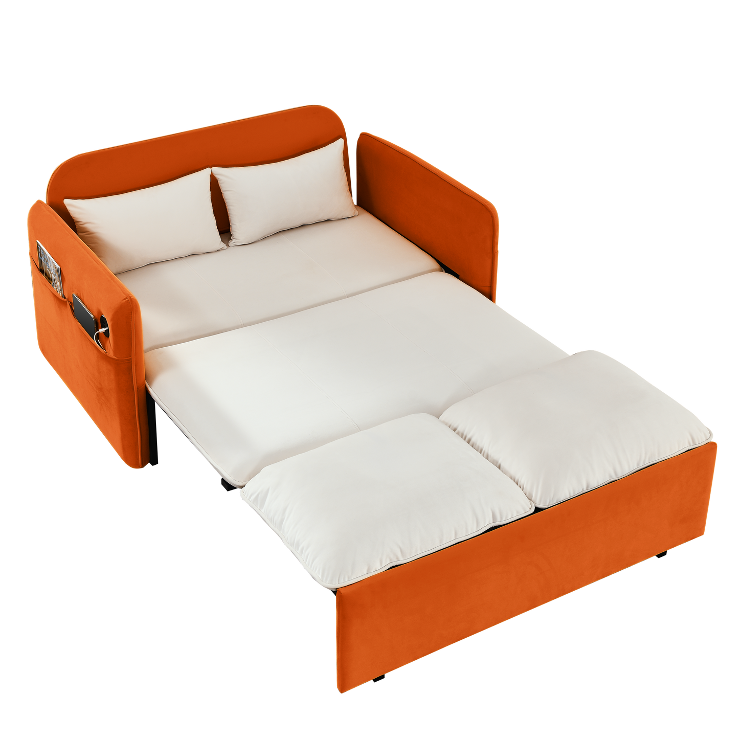 53" Modern Convertible Sofa Bed w/2 Removable Armrests w/USB Power Port, Velvet Recliner Adjustable Sofa w/Head Pull-Out Bed, 2 Pillows, For Living Room Apartment etc., White-Orange