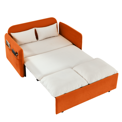 53" Modern Convertible Sofa Bed w/2 Removable Armrests w/USB Power Port, Velvet Recliner Adjustable Sofa w/Head Pull-Out Bed, 2 Pillows, For Living Room Apartment etc., White-Orange