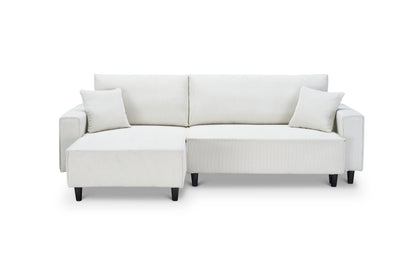 The 93-inch beige corduroy sofa bed comes with two pillows to fit in the living room and the apartment is not overcrowded