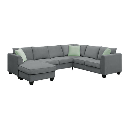 112*87" Sectional Sofa Couches Living Room Sets, 7 Seats Modular Sectional Sofa with Ottoman, L Shape Fabric Sofa Corner Couch Set with 3 Pillows, Grey