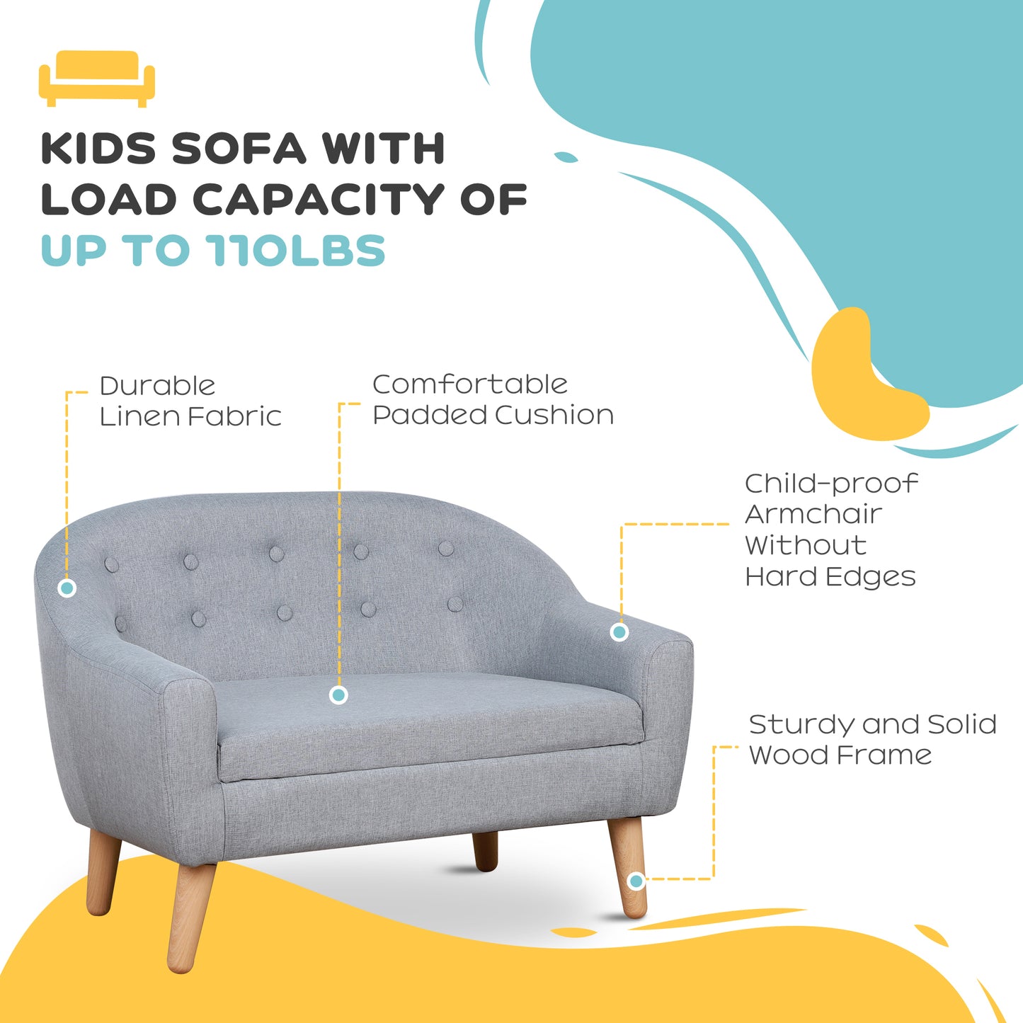 2-Seat Kids Sofa Linen Fabric and Wooden Frame Sofa for Kids and Toddlers Ages 3-7, 11" High Seat, Gray