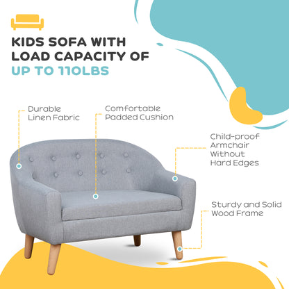 2-Seat Kids Sofa Linen Fabric and Wooden Frame Sofa for Kids and Toddlers Ages 3-7, 11" High Seat, Gray