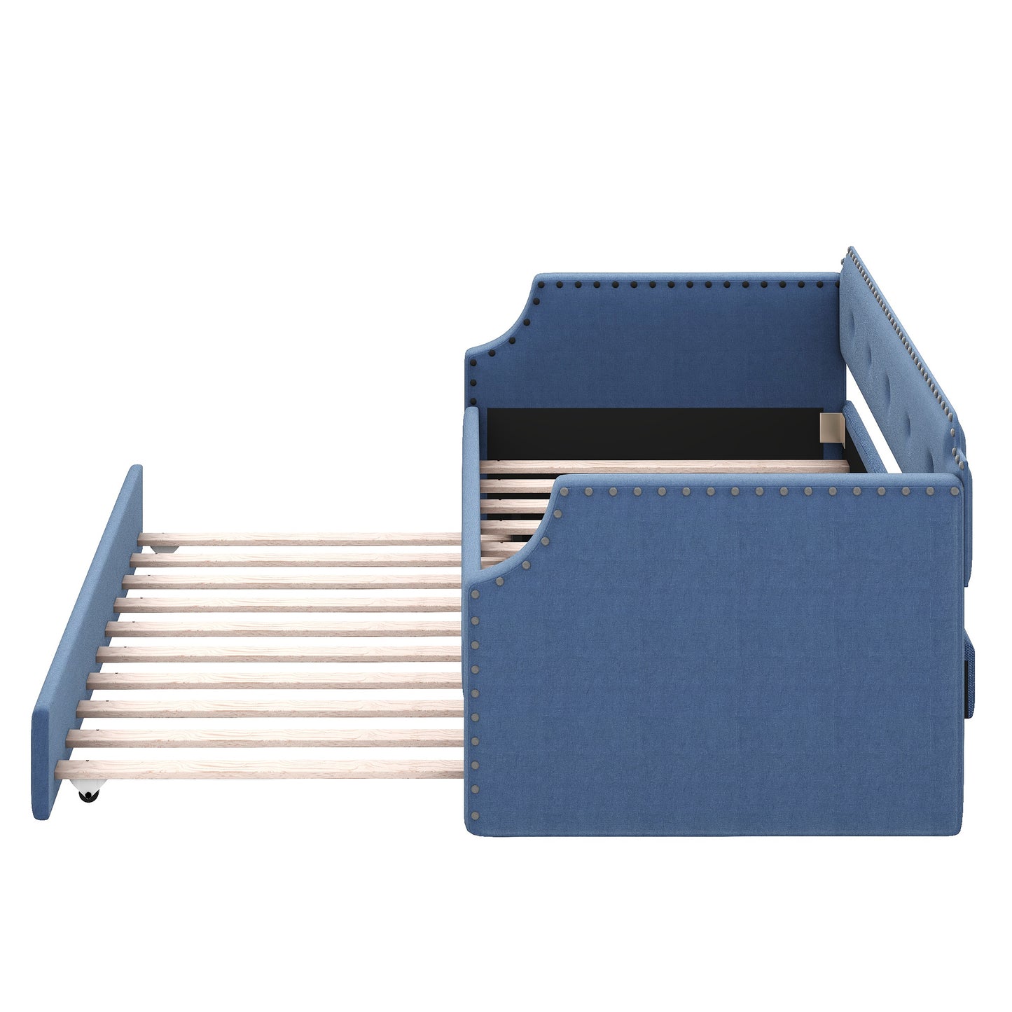 Upholstered Daybed with Trundle, Wood Slat Support,Upholstered Frame Sofa Bed, Twin,Blue