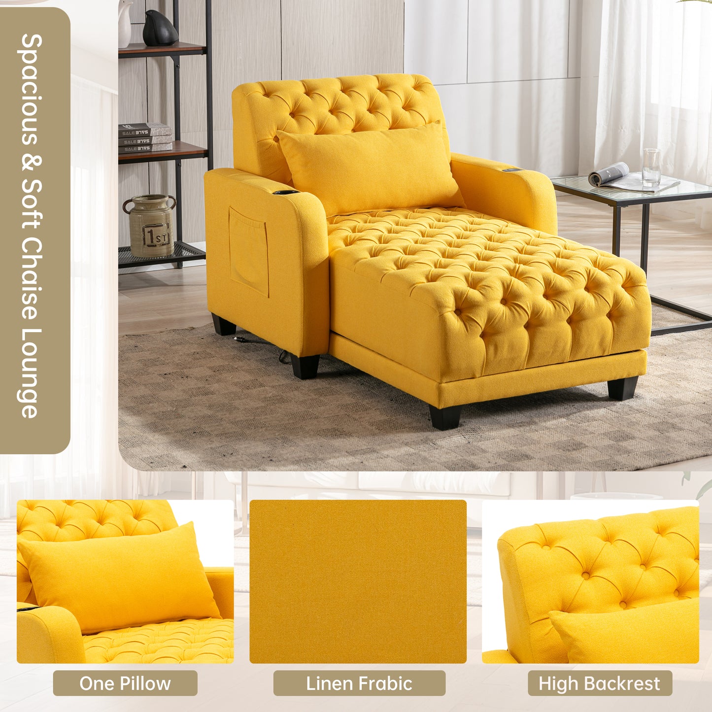 Multifunctional Living Room Leisure Chaise Lounge Barry Tufted Comfy Armchair Wireless Charging, Smooth Reclining Backrest & Lumbar Pillow for Home Apartment (Yellow linen)