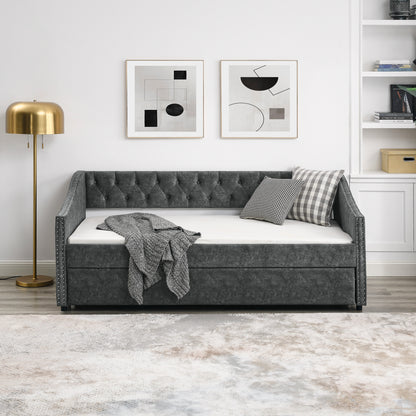 Size Daybed with Twin Size Trundle Upholstered Tufted Sofa Bed, with Button on Back and Copper Nail on Waved Shape Arms, Grey (80.5"x41"x30.5")