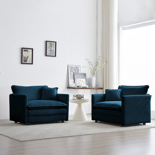 Accent Chair Set of 2, High-end Chenille Upholstered Armchairs, Living Room Side Chairs with Toss Pillow, Blue Chenille