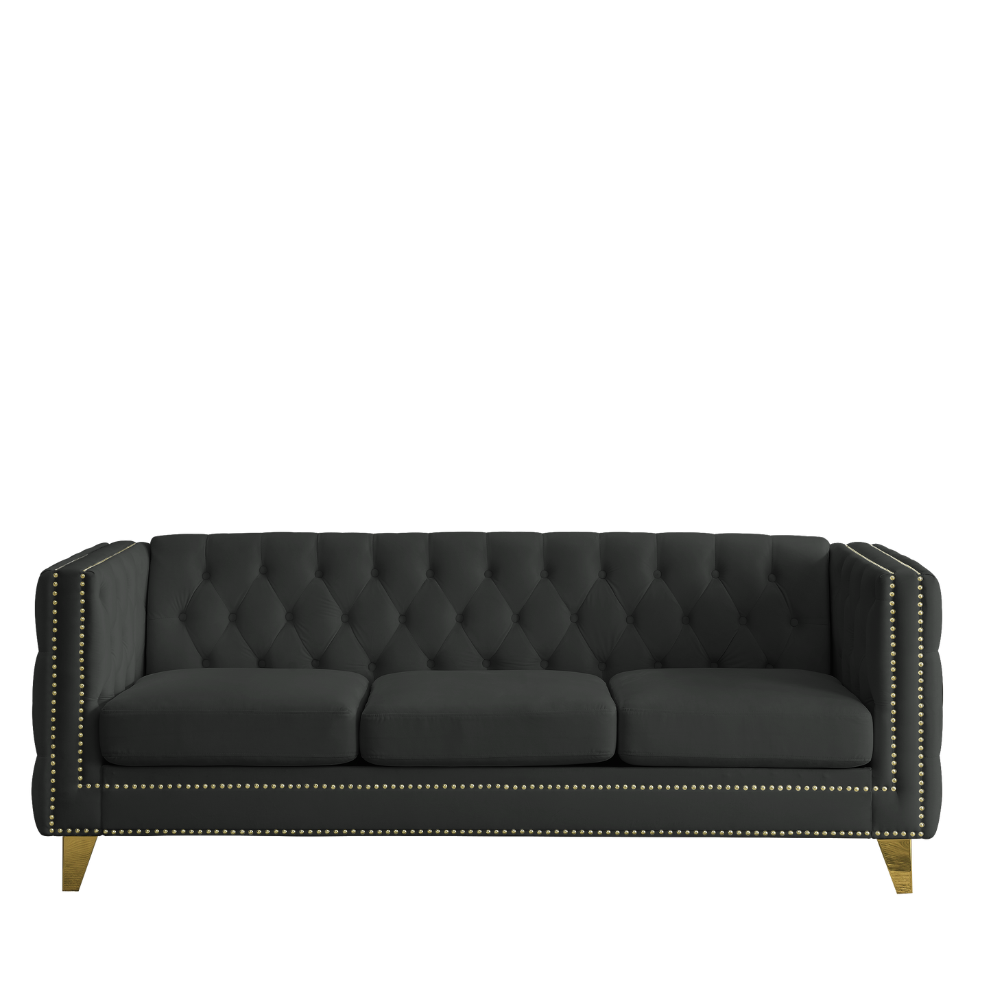 Velvet Sofa for Living Room,Buttons Tufted Square Arm Couch, Modern Couch Upholstered Button and Metal Legs, Sofa Couch for Bedroom, Black Velvet(W834S00022)