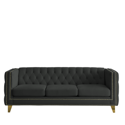 Velvet Sofa for Living Room,Buttons Tufted Square Arm Couch, Modern Couch Upholstered Button and Metal Legs, Sofa Couch for Bedroom, Black Velvet(W834S00022)