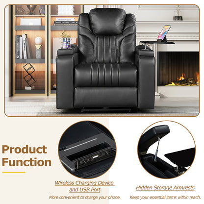 PU Leather Power Recliner Home Theater Recliner with Power Adjustable Headrest, Wireless Charging Device, USB Port, Storage Arms, Cup Holder and Swivel Tray Table for Living Room, Black