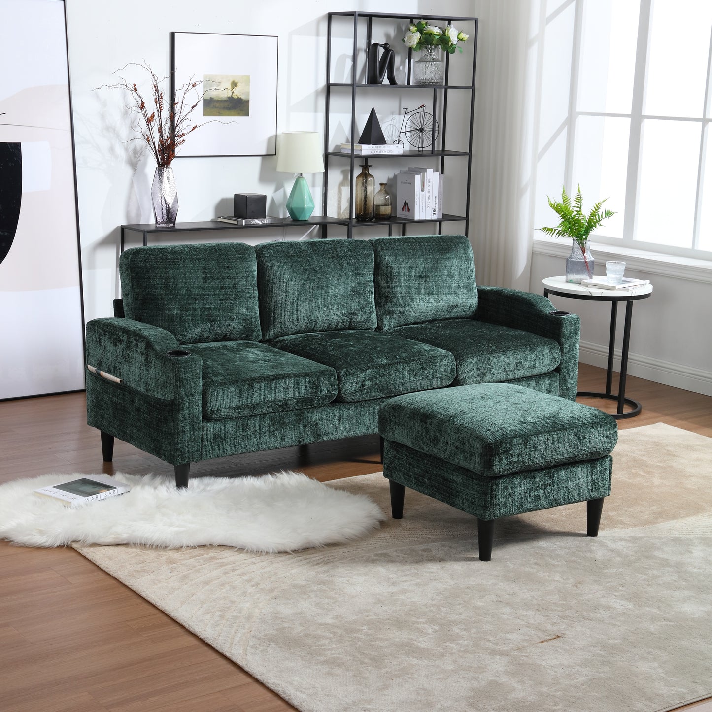 Sofa for three, solid wood frame, Chenille fabric, side pocket, with two cup holders, footstool with storagestorage sofa /Living room sofa cozy sectional sofa