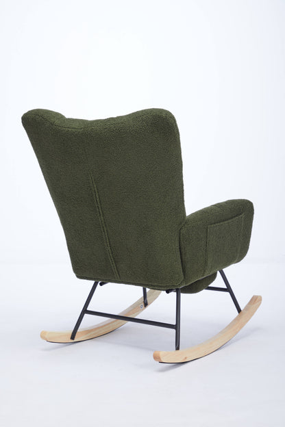 Modern Nursery Rocking Chair, Upholstered Glider Chair with High Backrest, Rocker Accent Armchair with Solid Wood Legs for Nursery Bedroom Living Room DRAK GREEN