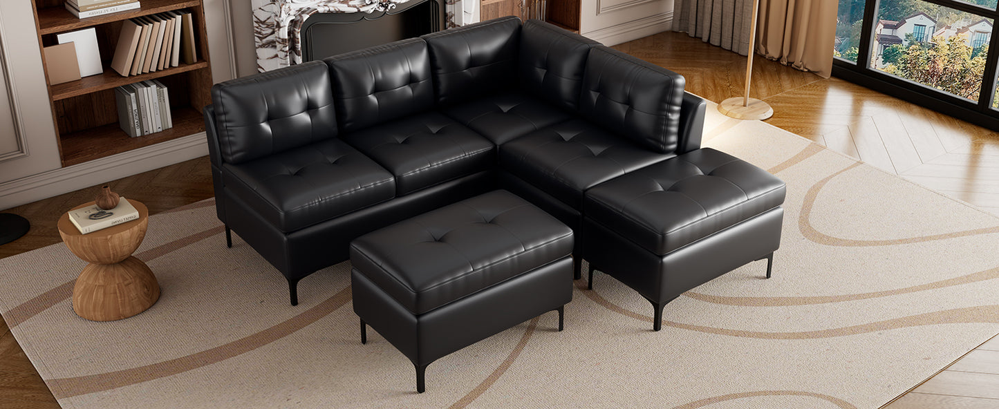 94.88" L-Shaped Corner Sofa Pu Leather Sectional Sofa Couch with Movable Storage Ottomans for Living Room, Black