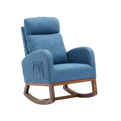 Rocking Chair, Modern Glider Chair, Recliner Armchair with Wood Legs and Side Pocket, Nursery Rocking Accent Chair with High Back for Living Room Bedroom (Blue linen)