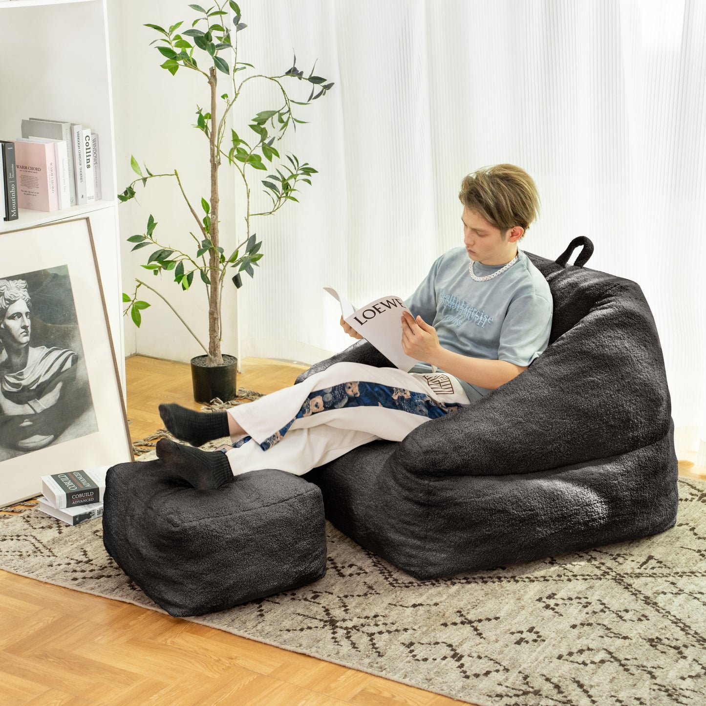 Bean Bag Chair with Filler, Bean Bag Sofa with Tufted Soft Stuffed Filling, Fluffy and Lazy Sofa, Comfy Cozy BeanBag Chairs with Memory Foam for Dorm, Apartment, Living Room, BLACK