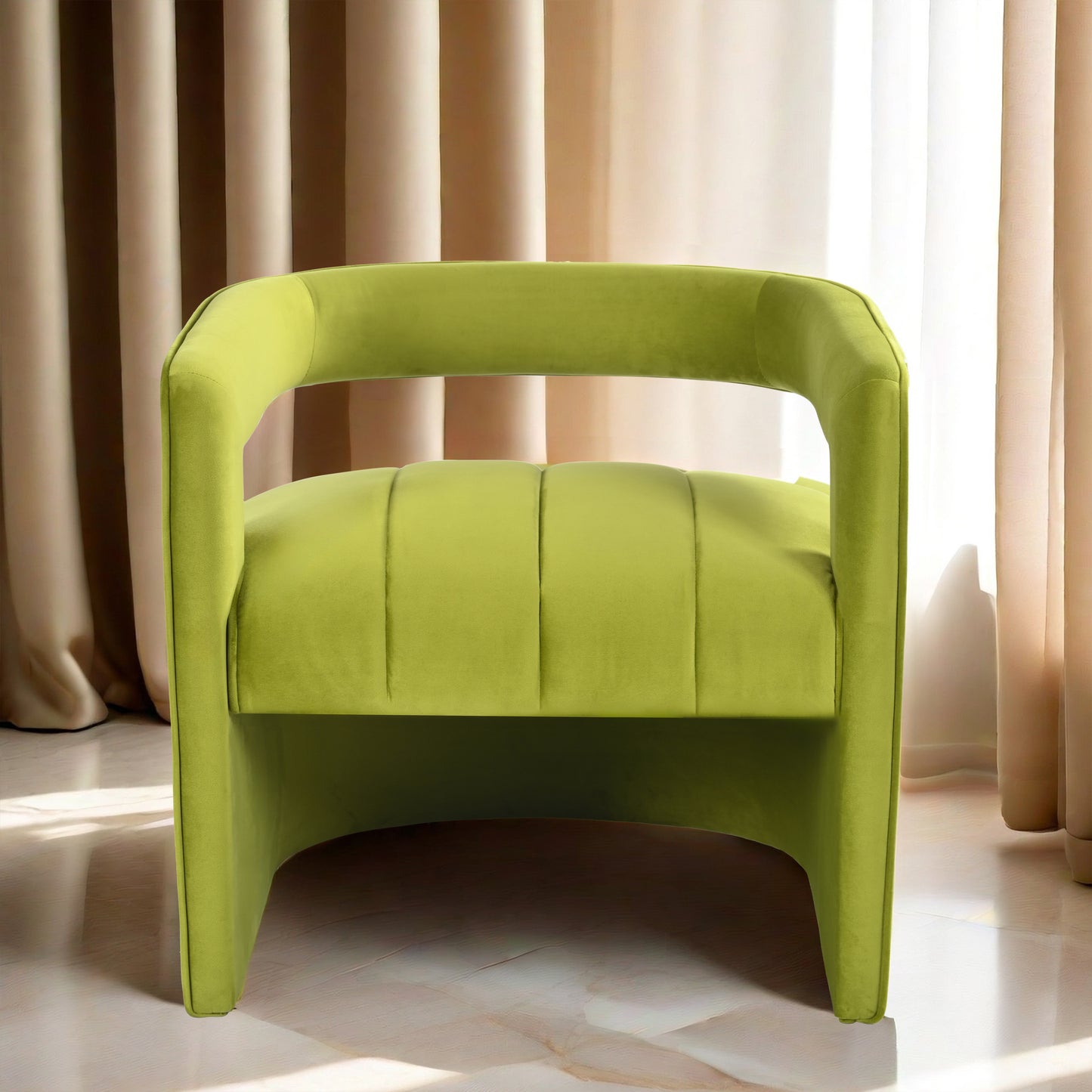 Modern Velvet Accent Chair with Ribbed Detail, Luxury Curved Fully Upholstered Accent Chair, Green (No Assembly Needed)